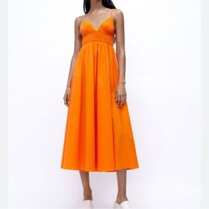 Zara Cotton Poplin Midi Dress | Size S | Orange | Worn Once